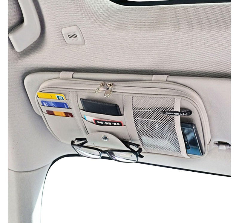 Da by Car Sun Visor Organizer  Multi-Pocket Visor Organizer Storage Pouch for Cars  SUVs & Trucks with Double Zippers  Elastic Bands & Glasses Clip - Organizes Essentials Keep Tidy (Cream Grey) - Image 1